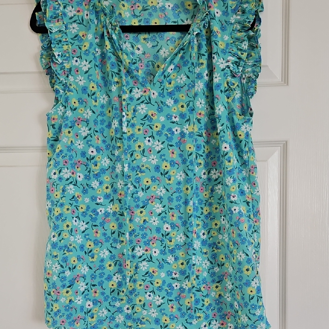 Staccato Floral Ruffle Sleeve Blouse - Turquoise